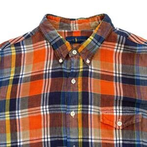 Ralph Lauren Shirt Mens Size 2XL Orange Plaid 100% Linen Button Up Long Sleeves